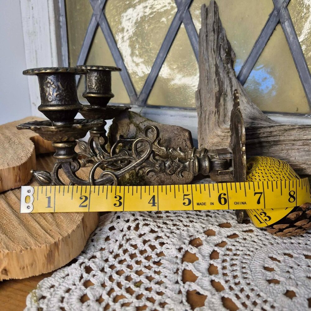 90s Vintage Aged Brass Wall Sconce Candlestick Holder - Picture 9 of 12